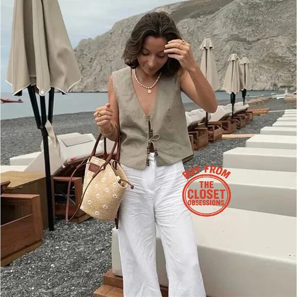 ZARA Sleeveless Linen Vest NWT | Beige Beaded Tie-Front Top Size L - Picture 8 of 16